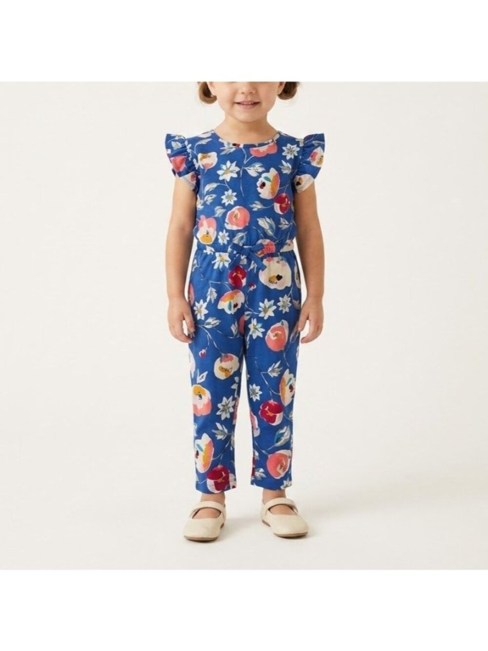 Tea Collection Girls Size 3 Blue Floral Ruffle Sleeve Elastic Waist Jumpsuit